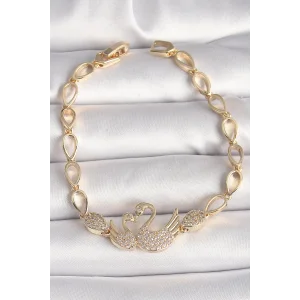 Pirinç Gold Renk Zirkon Taşlı Kuğu Figür Damla Zincir Model Kadın Bileklik