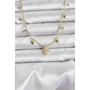 Pirinç Gold Renk Zirkon Taşlı Kutup Yıldızı Model Kadın Kolye
