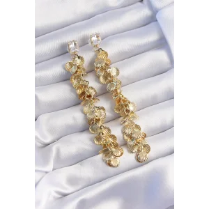 Pirinç Gold Renk Zirkon Taşlı Minimal Deniz Kabuklu Sallantılı Küpe