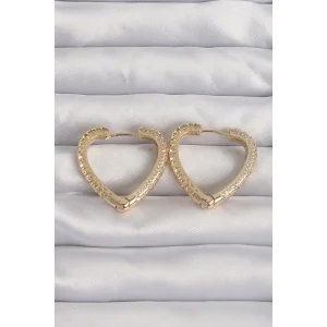 Pirinç Gold Renk Zirkon Taşlı Motifli Kalp Küpe
