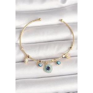 Pirinç Gold Renk Zirkon Taşlı Nazar Boncuk Detay Charm Kadın Bileklik