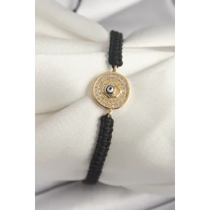 Pirinç Gold Renk Zirkon Taşlı Nazar Boncuk İşleme Makrome Asansörlü Model Kadın Bileklik