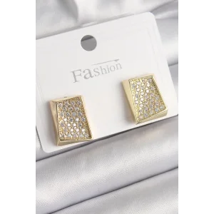 Pirinç Gold Renk Zirkon Taşlı Plaka Model Kadın Küpe