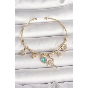 Pirinç Gold Renk Zirkon Taşlı Sallantı Filamingo Figür Charm Kadın Bileklik