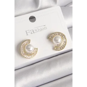 Pirinç Gold Renk Zirkon Taşlı Salyangoz Model İnci Detay Kadın Küpe