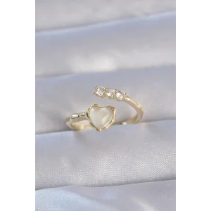 Pirinç Gold Renk Zirkon Taşlı Sedefli Kalp Model Ayarlanabilir Yüzük