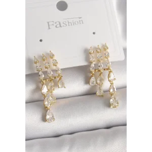 Pirinç Gold Renk Zirkon Taşlı Yağmur Model Kadın Küpe