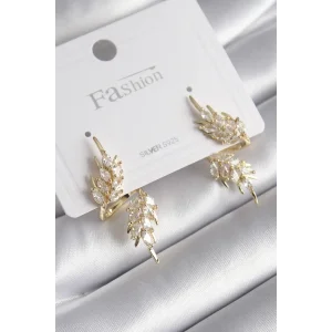 Pirinç Gold Renk Zirkon Taşlı Yaprak Model Kadın Küpe