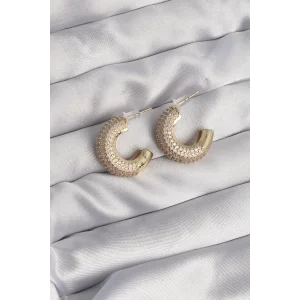 Pirinç Gold Renk Zirkon Taşlı Yarım Halka Küpe