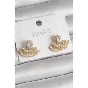 Pirinç Gold Renk Zirkon Taşlı Yelpaze Model Kadın Küpe