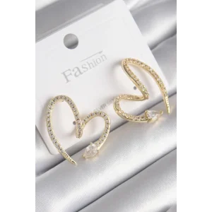 Pirinç Gold Renk Zirkon Taşlı Yılan Kalp Model Kadın Küpe