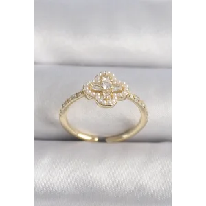 Pirinç Gold Renk Zirkon Taşlı Yonca Model İnci Detay Kadın Yüzük