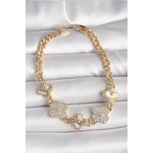 Pirinç Gold Renk Zirkon Taşlı Yonca Model Kadın Bileklik