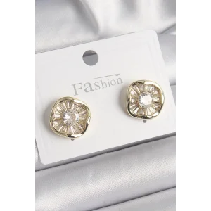 Pirinç Gold Renk Zirkon Taşlı Yonca Model Kadın Küpe