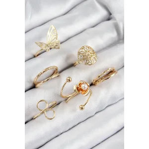 Pirinç Gül Kelebek Model Gümüş Renk Kadın Yüzük Kombin Set
