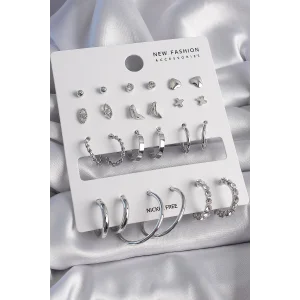 Pirinç Gümüş Renk 12 Çift Kadın Küpe Seti