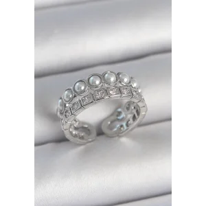 Pirinç Gümüş Renk 2Li Sıra Zirkon Taşlı Ve İncili Ayarlanabilir Kadın Yüzük