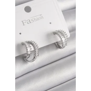 Pirinç Gümüş Renk 2Li Zirkon Taşlı Halka Model Kadın Küpe