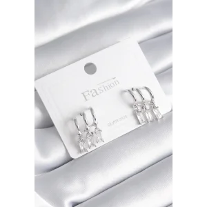 Pirinç Gümüş Renk 3lü Sallantı Zirkon Taşlı Küpe