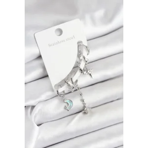 Pirinç Gümüş Renk Ay Model Kadın Set Küpe