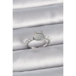 Pirinç Gümüş Renk Ayarlanabilir Beyaz Mineli Kedi Model İnci Detay Kadın Yüzük