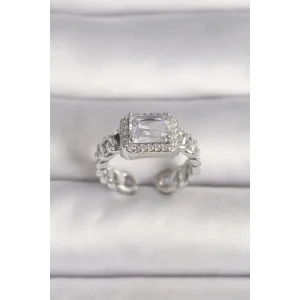 Pirinç Gümüş Renk Ayarlanabilir Zincir Kare Zirkon Taşlı Kadın Yüzük