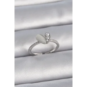 Pirinç Gümüş Renk Ayarlanabilir Zirkon Taşlı İncili Beyaz Mineli Kalp Model Kadın Yüzük