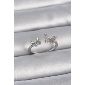 Pirinç Gümüş Renk Ayarlanabilir Zirkon Taşlı Kelebek Model Kadın Yüzük