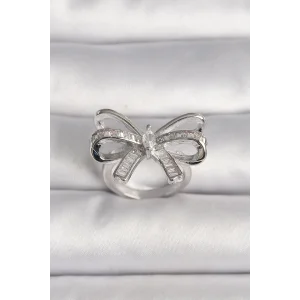 Pirinç Gümüş Renk Ayarlanabilir Zirkon Taşlı Kurdele Model Kadın Yüzük