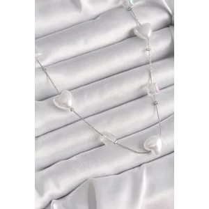 Pirinç Gümüş Renk Beyaz İnci Kalp Model Kadın Kolye