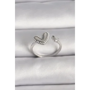 Pirinç Gümüş Renk Beyaz Mineli İnci Detaylı Kalp Model Ayarlanabilir Yüzük