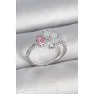 Pirinç Gümüş Renk Beyaz Mineli Pembe Zirkon Taşlı Çiçek Model Kadın Yüzük