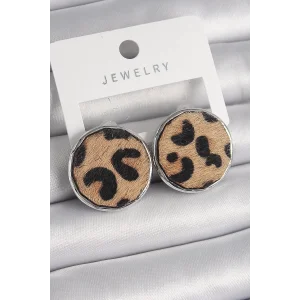 Pirinç Gümüş Renk Daire Plaka Model Leopar Desenli Kadın Küpe