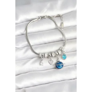 Pirinç Gümüş Renk Dünya Charmlı Kadın Bileklik