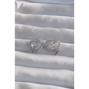 Pirinç Gümüş Renk Fiyonk Detay İncili Zirkon Taşlı Kalp Küpe