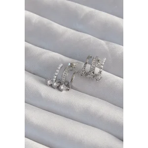 Pirinç Gümüş Renk İncili Çoklu Zirkon Taşlı Yarım Halka Küpe