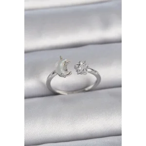 Pirinç Gümüş Renk İncili Hilal Zirkon Taşlı Yıldız Ayarlanabilir Kadın Yüzük