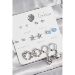 Pirinç Gümüş Renk İncli Zirkon Taşlı Halka Figür Yıldız Detay 7 Çift Kadın Küpe Seti