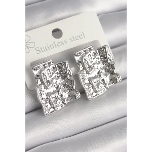 Pirinç Gümüş Renk İşlemeli Kare Plaka Model Kadın Küpe