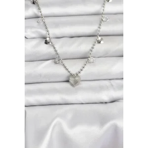 Pirinç Gümüş Renk Kalp Model Kadın Kolye
