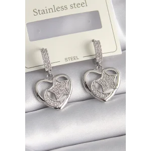 Pirinç Gümüş Renk Kalp Model Zirkon Taşlı Ay Yıldız İşlemeli Kadın Küpe