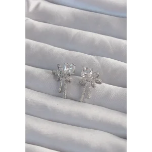 Pirinç Gümüş Renk Kare Zirkon Taşlı Fiyonk Küpe