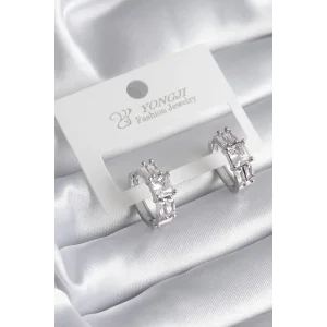 Pirinç Gümüş Renk Kare Zirkon Taşlı Kadın Küpe