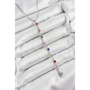 Pirinç Gümüş Renk Karışık Renk Zirkon Taşlı Kalpli Y Kadın Kolye