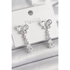 Pirinç Gümüş Renk Kelebek Model Sallantı Damla Zirkon Taşlı Kadın Küpe