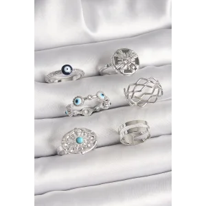 Pirinç Gümüş Renk Nazar Boncuk Zirkon Taş Detaylı Dalga Figür Kadın Yüzük Kombini