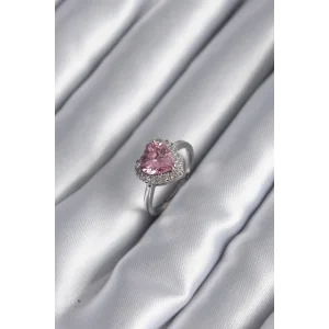 Pirinç Gümüş Renk Pembe Zirkon Taş Kalp Charm Model Kadın Yüzük