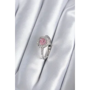 Pirinç Gümüş Renk Pembe Zirkon Taş Kalp Charm Model Kadın Yüzük