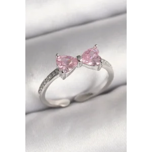 Pirinç Gümüş Renk Pembe Zirkon Taşlı Kalp Fiyonk Model Kadın Yüzük