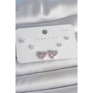 Pirinç Gümüş Renk Pembe Zirkon Taşlı Kalp Model İnci Detay 925 Ayar Gümüş Çivi Kadın Küpe Seti